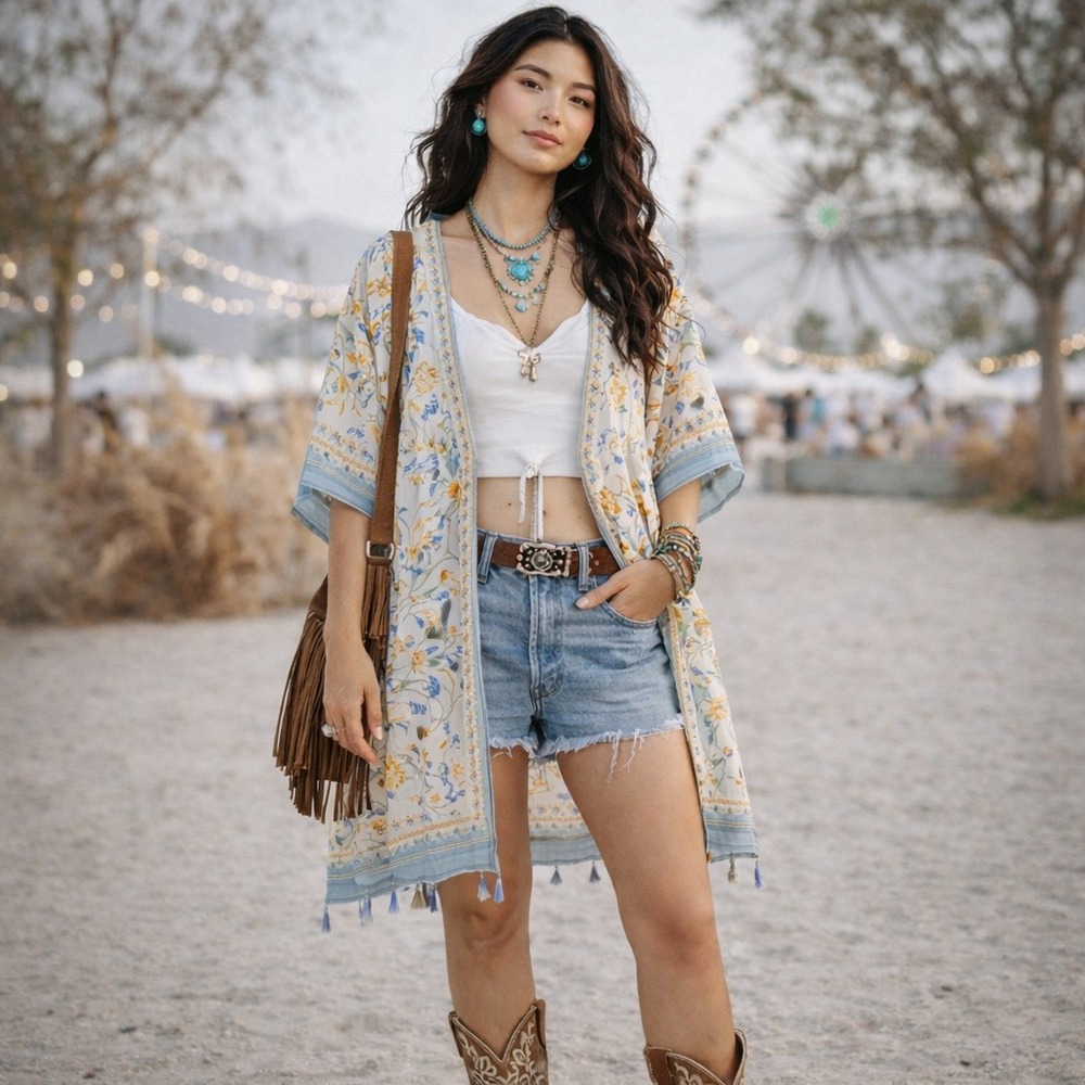 Woven Heart Floral Kimono Wrap One Size‎ Tassel Trim Gold Metallic Accents Boho